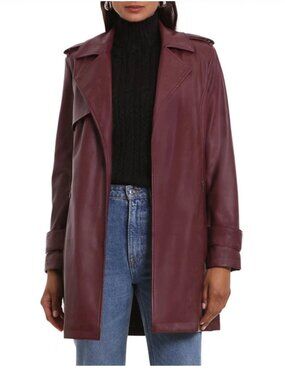 Bagatelle Open Front Faux Leather Trench Coat in Dark Red (Small) NWOT